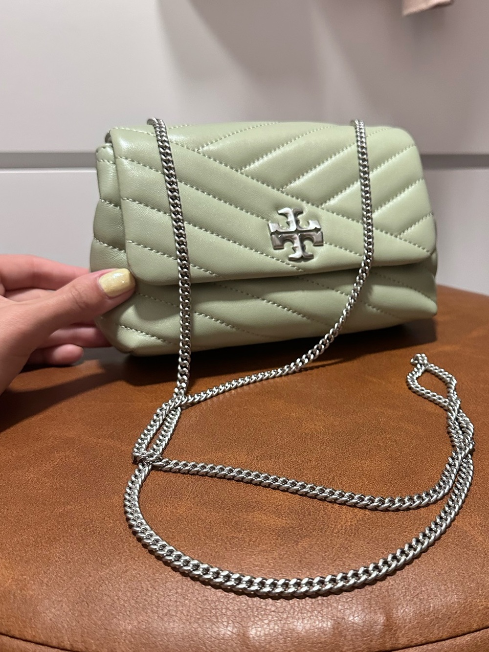 Tory Burch Quilted Chevron Crossbody Bag in Pale Green with Silver Chain